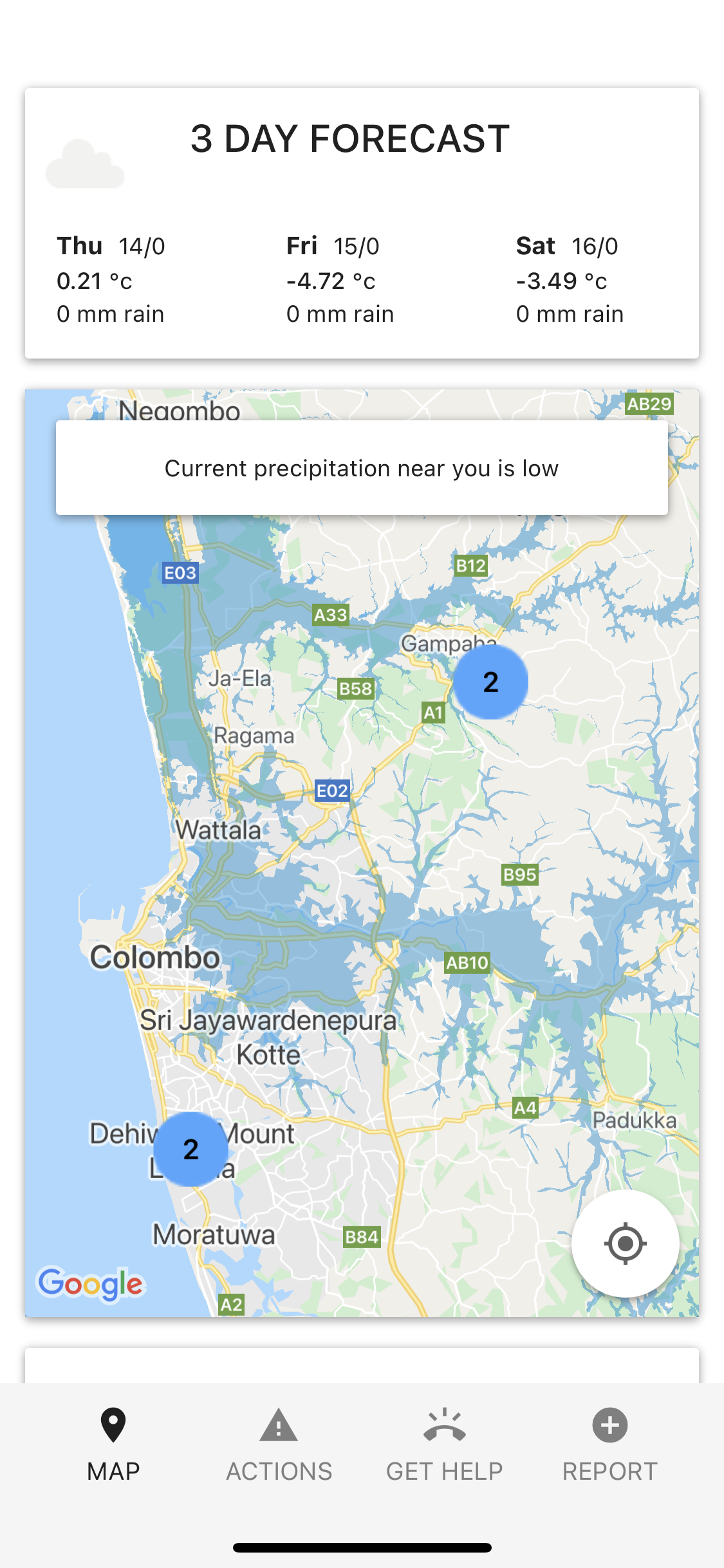 Regional map of Sri Lanka under the “Map” tab with clustered sensor markers (“2”) and a persistent low-precipitation notification, illustrating GeoJSON rainfall overlays.