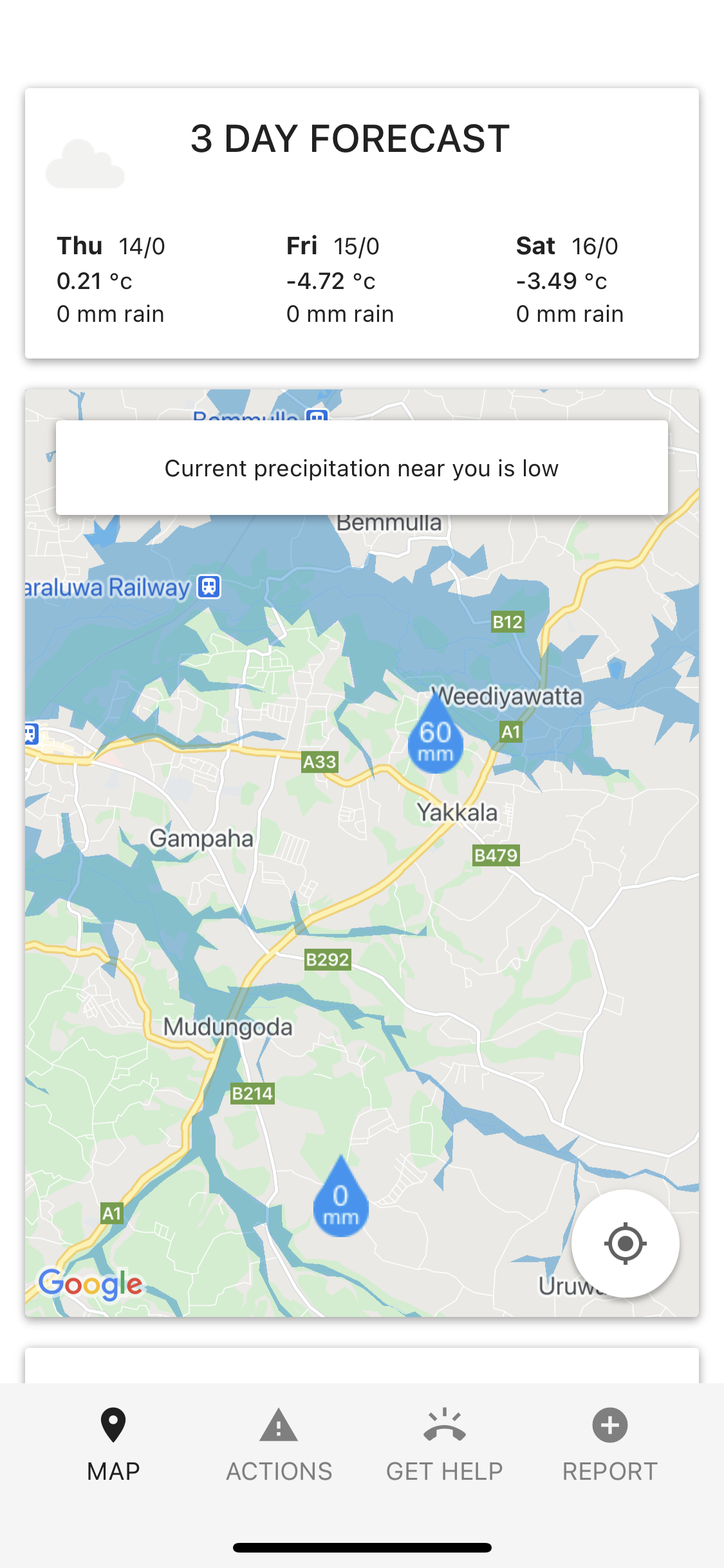 Detailed precipitation overlay map showing point measurements (e.g. “60 mm” and “0 mm”) beneath the “Current precipitation near you is low” banner, demonstrating dynamic rainfall data visualization.