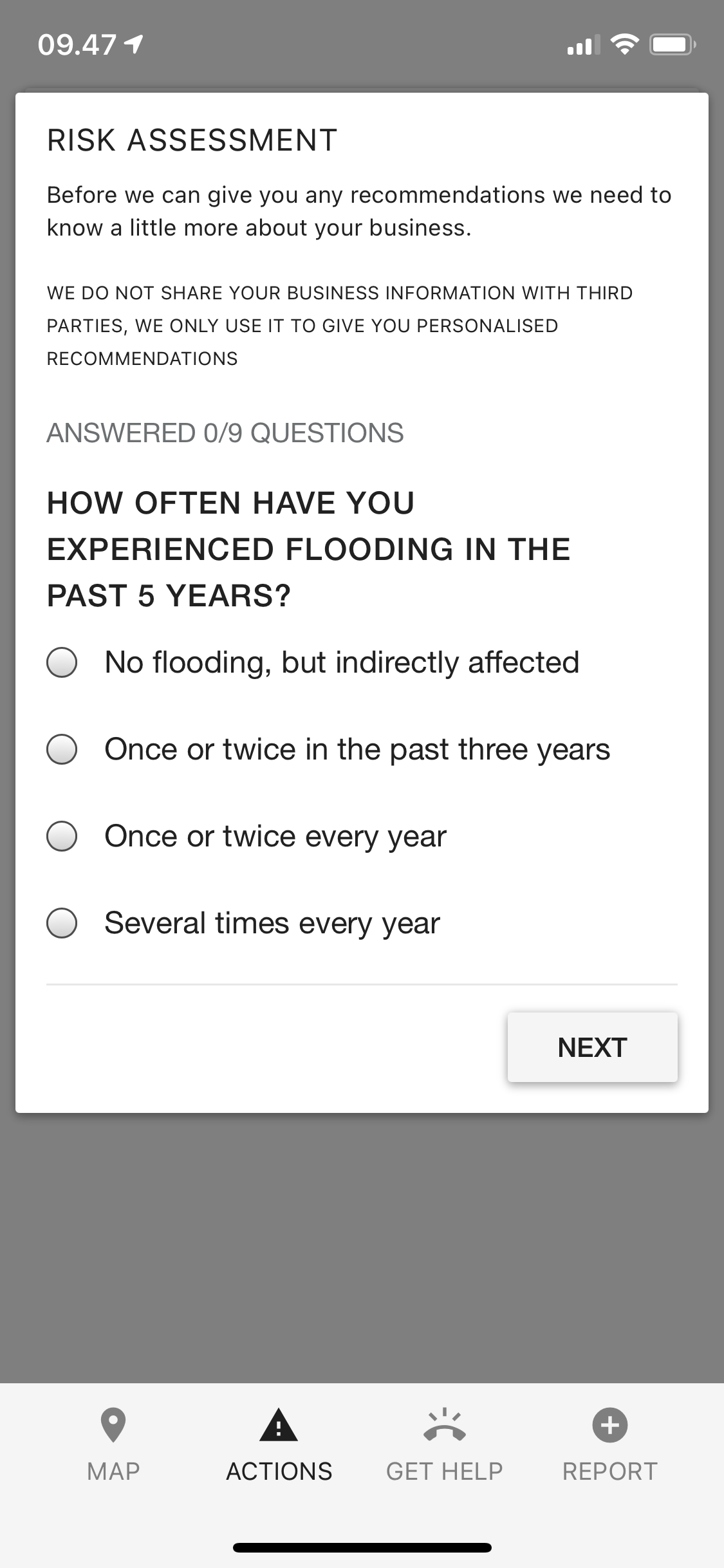 “Risk Assessment” modal under the “Actions” tab prompting the SME user with “How often have you experienced flooding in the past 5 years?” and four radio-button options.