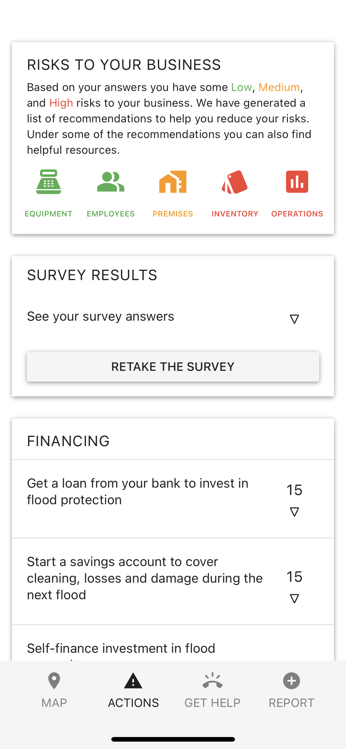“Risks to Your Business” summary card showing Low/Medium/High risk categories with corresponding icons for Equipment, Employees, Premises, Inventory, and Operations, plus collapsible Survey Results and financing recommendations.