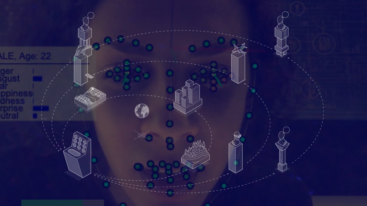 A circular d3.js visualization of eight energy-policy artefacts floats over a live video of a participant, illustrating the branching scenarios teams navigate at each mission node under the AI guide GAIA.