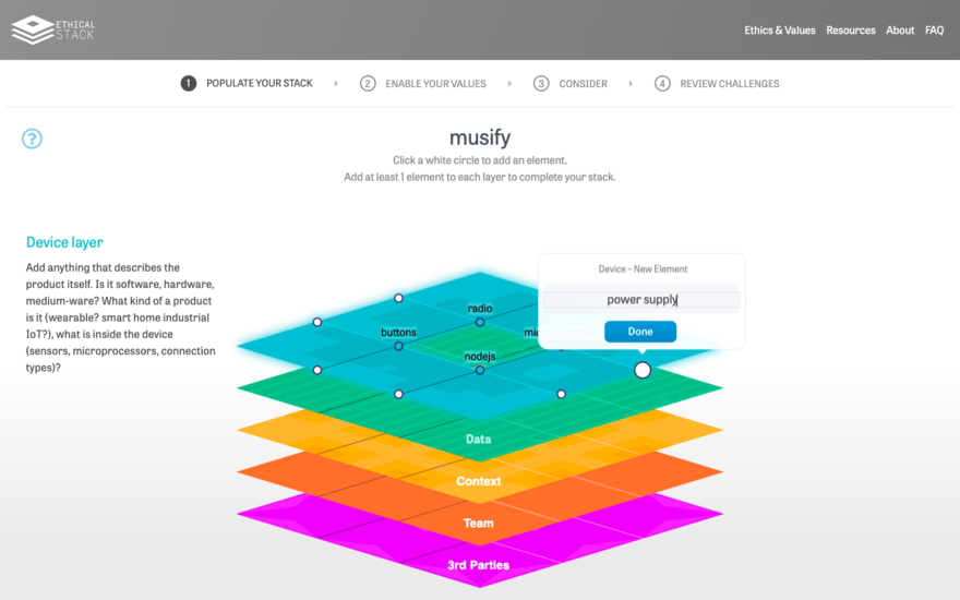“Populate Your Stack” screen showing the multi-layered stack (Device, Data, Context, Team, 3rd Parties) with new device element entry (“power supply”) overlaid.