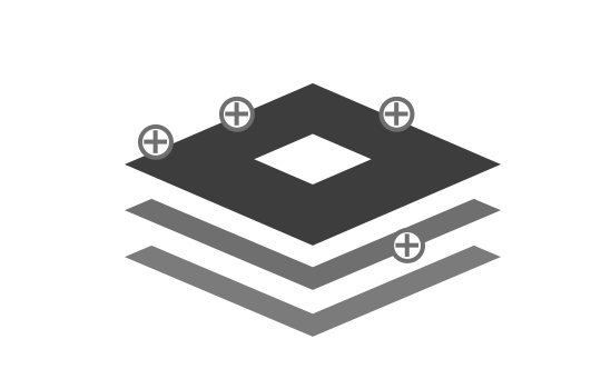 Iconography for the stack entry phase—stack layers with plus symbols marking where new elements can be added.