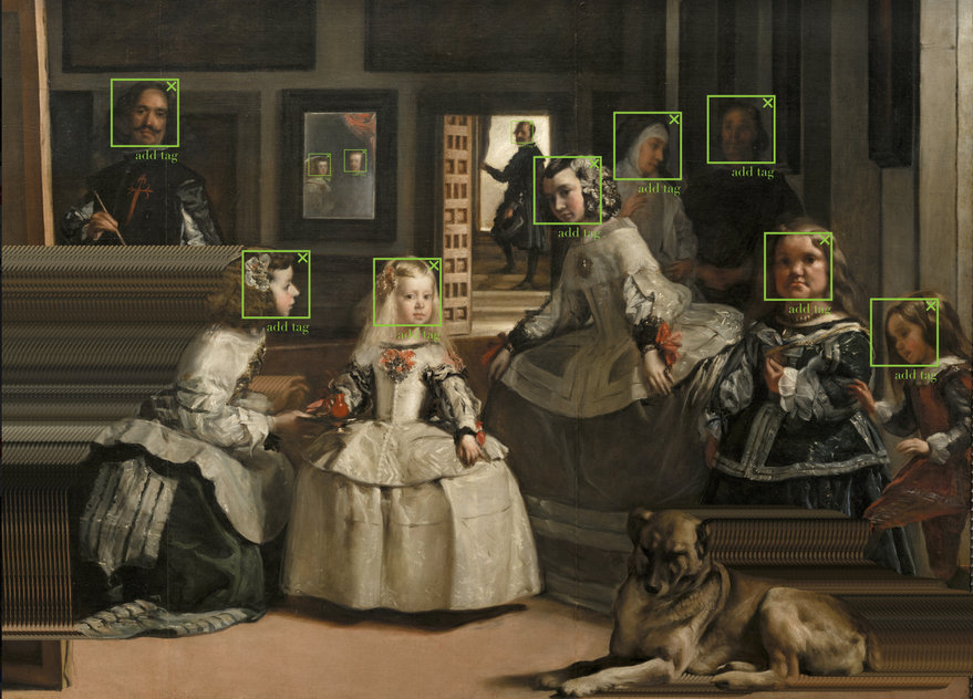 Detail of Diego Velázquez’s “Las Meninas” overlaid with green face-tag bounding boxes and “add tag” prompts, representing the deletion algorithm simulation where subjects are selectively marked for erasure.