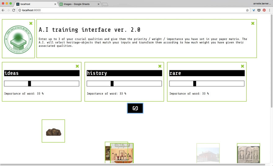 Browser-based AI training interface v2.0 with three sliders for “ideas,” “history,” and “rare,” each set to a weight, illustrating the d3.js–driven interactive simulation for configuring deletion criteria.