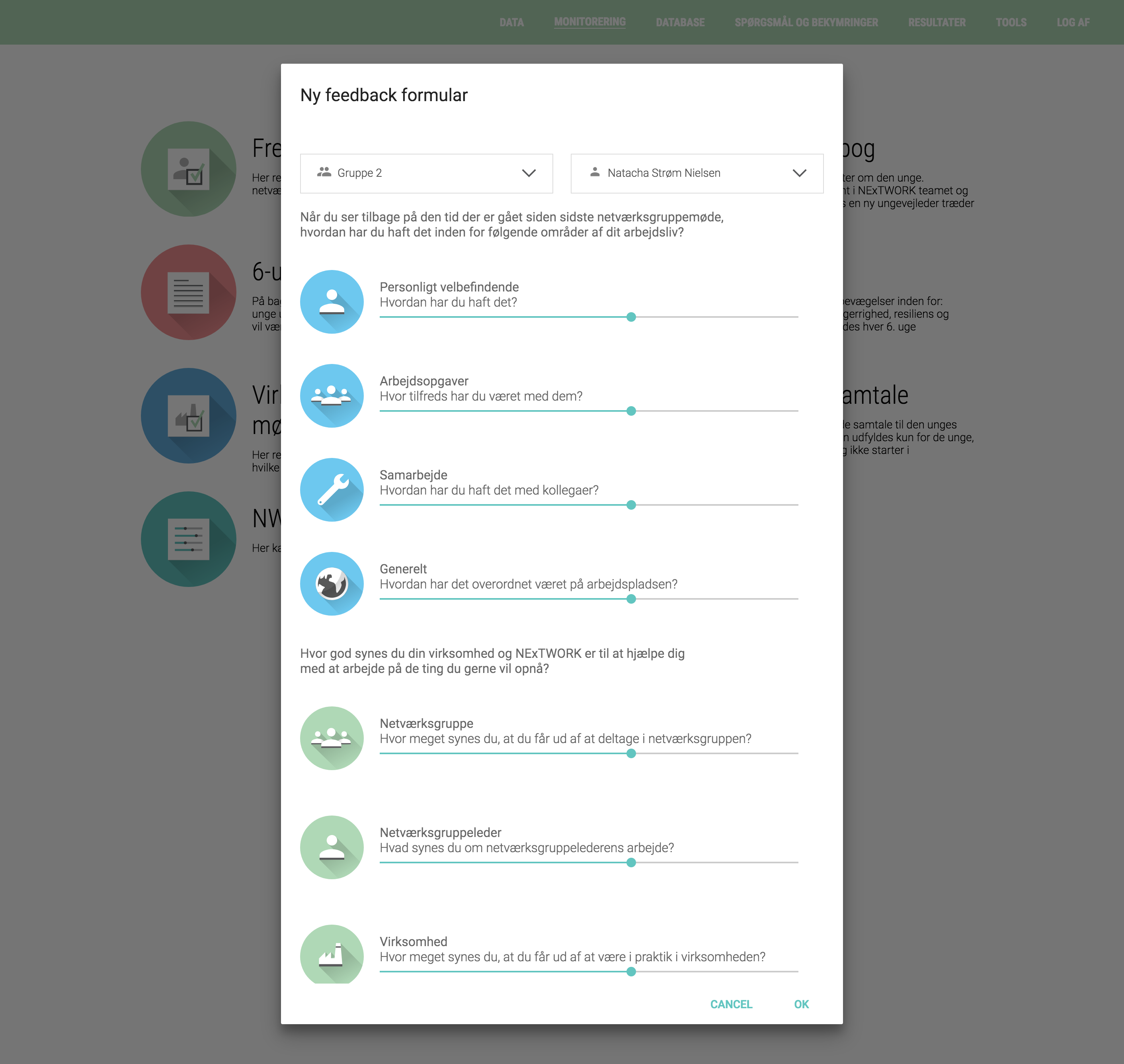 “Ny feedback formular” modal overlay (TOOLS tab) with dropdowns for group and coach, followed by sliders for “Personligt velbefindende,” “Arbejdsopgaver,” “Samarbejde,” “Generelt,” and more questions about network-group and company experience.