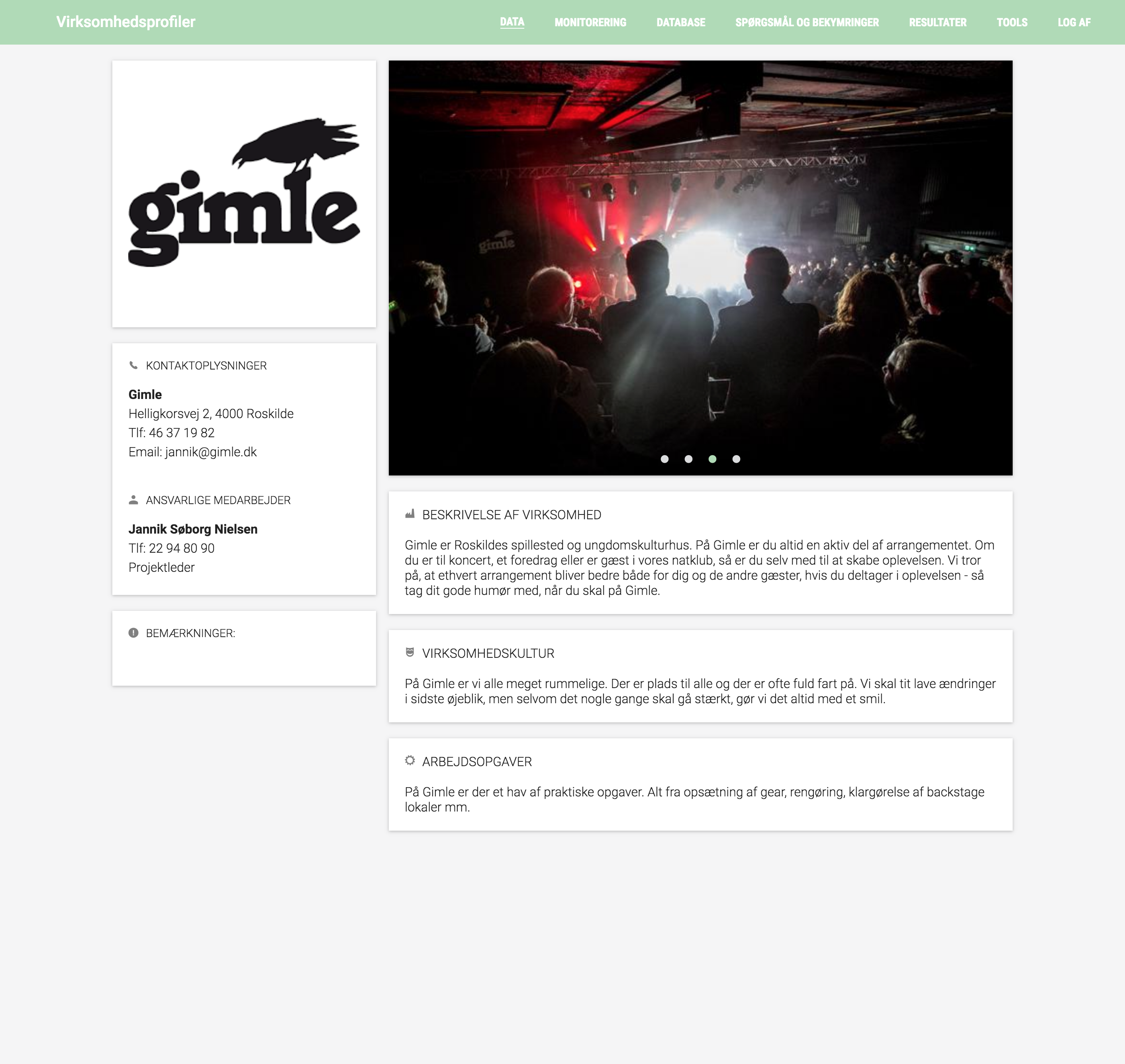 “Virksomhedsprofiler” details view (RESULTATER tab) for a partner company “Gimle,” showing the company logo, contact information, responsible staff card, remarks, a large image carousel of the venue, and panels for company description, culture, and tasks.