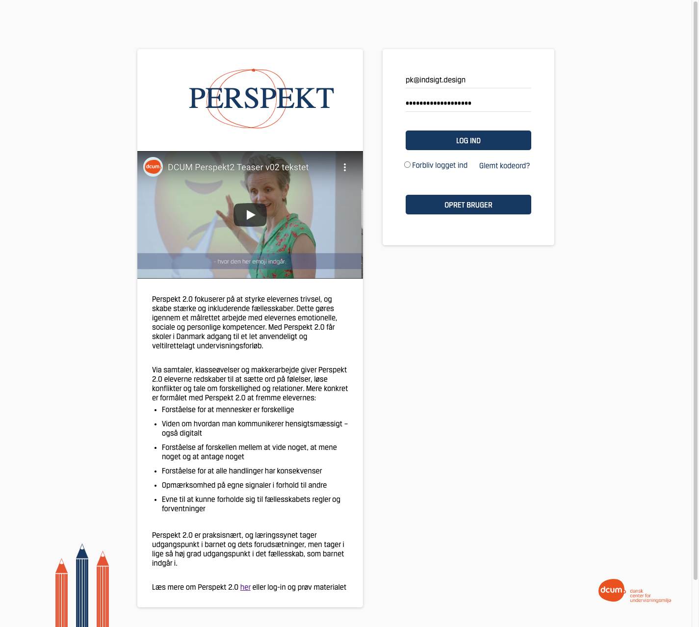 Landing “Log ind” page for Perspekt 2.0 showing the Perspect logo, teaser video embed, long-form description of the program’s goals and competencies, and a login/register form at right.