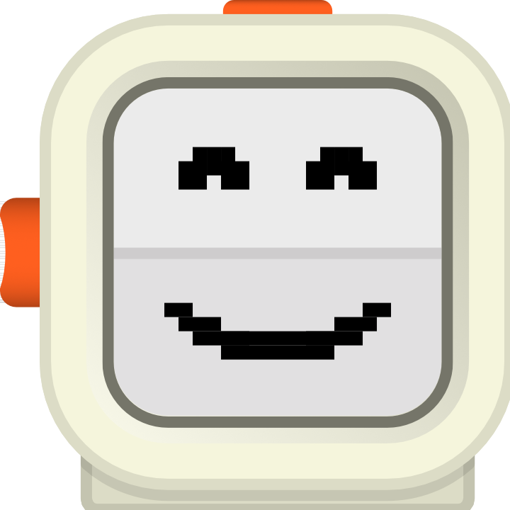 Peter bot with raised pixelated eyebrows and a wide smile, showing cheerful happiness.