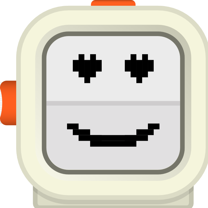 Peter bot with heart-shaped pixel eyes and a smile, expressing love or admiration.