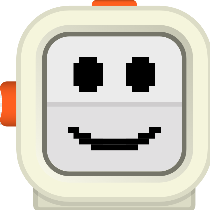 Peter bot with neutral pixel eyes and a soft smile, conveying calm friendliness.