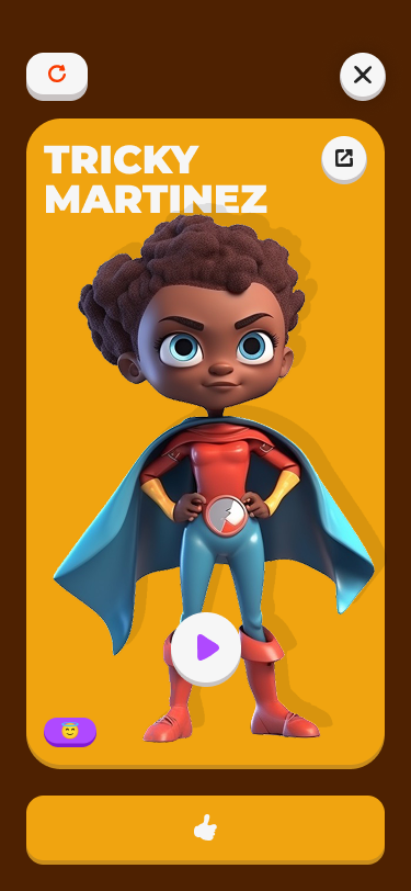 The last screen of the character creation flow in Superland, showing a completed character with options to start the adventure.