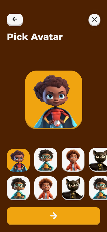 Pick an avatar for your character in Superland. The screen displays various avatar options with a playful and colorful design.